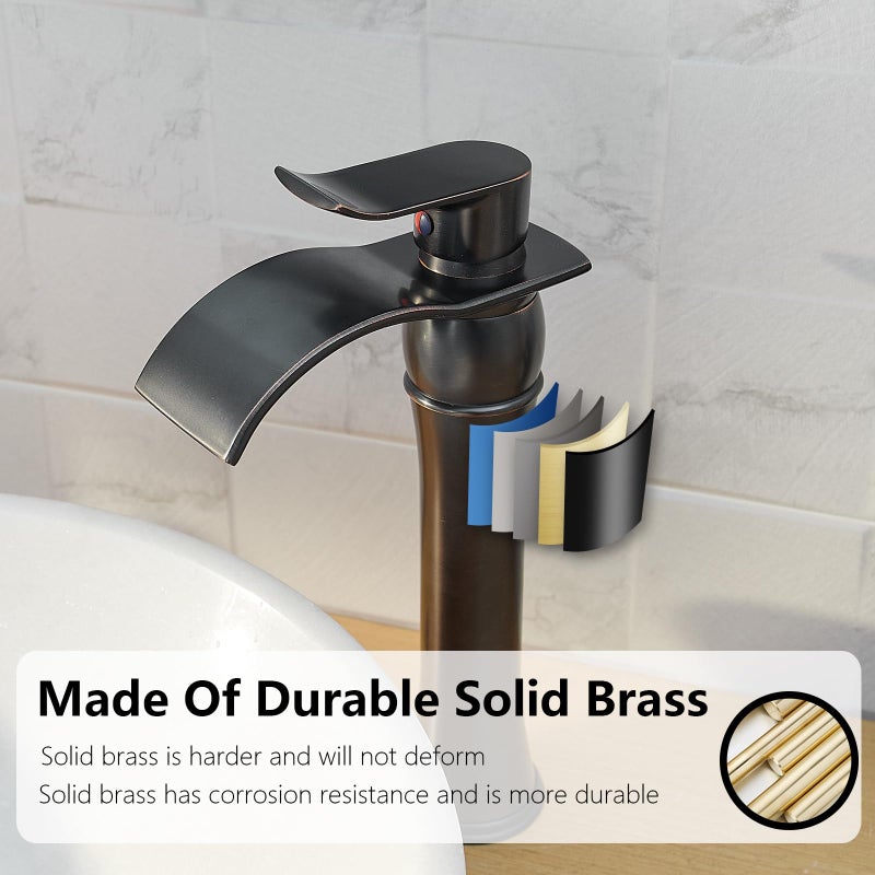 BATHLAVISH Vessel Sink Faucet Oil Rubbed Bronze Waterfall Tall Bathroom Faucet Antique Oiled with Pop Up Drain Assembly Combo Single Handle 1 Hole Bathroom Faucets Vanity Lavatory - Image 4